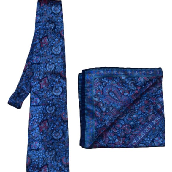 $450 BRIONI Rare Handmade Satin paisley Navy Blue Silk Tie / Pocket Square Set - Picture 3 of 16